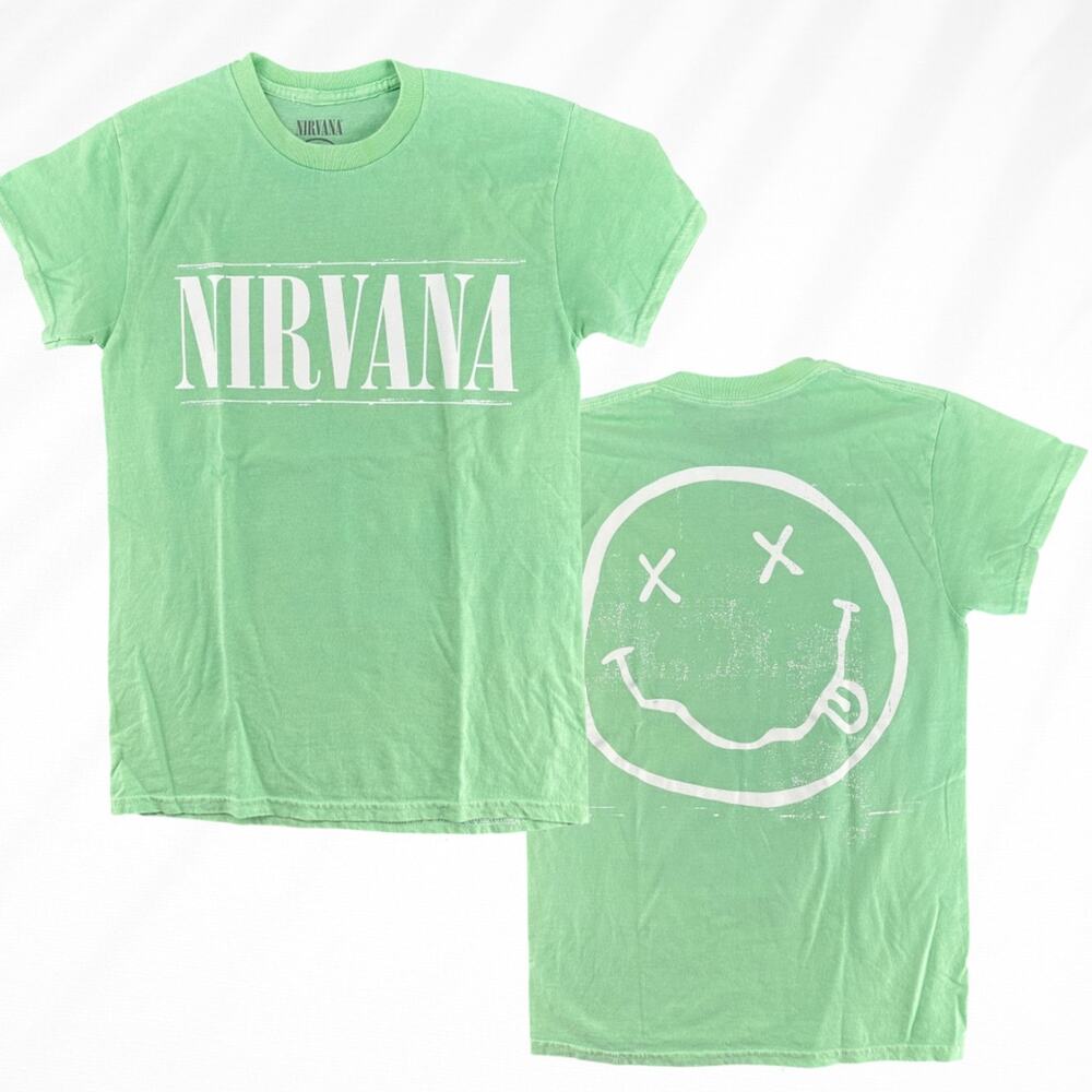 Nirvana Band T-Shirt Mint Green Smiley Face Distressed Screen Print New M - Picture 4 of 6